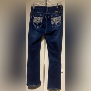 Silver Diva Dark Blue Embellished Embroidered Pocket Flared Leg Jeans